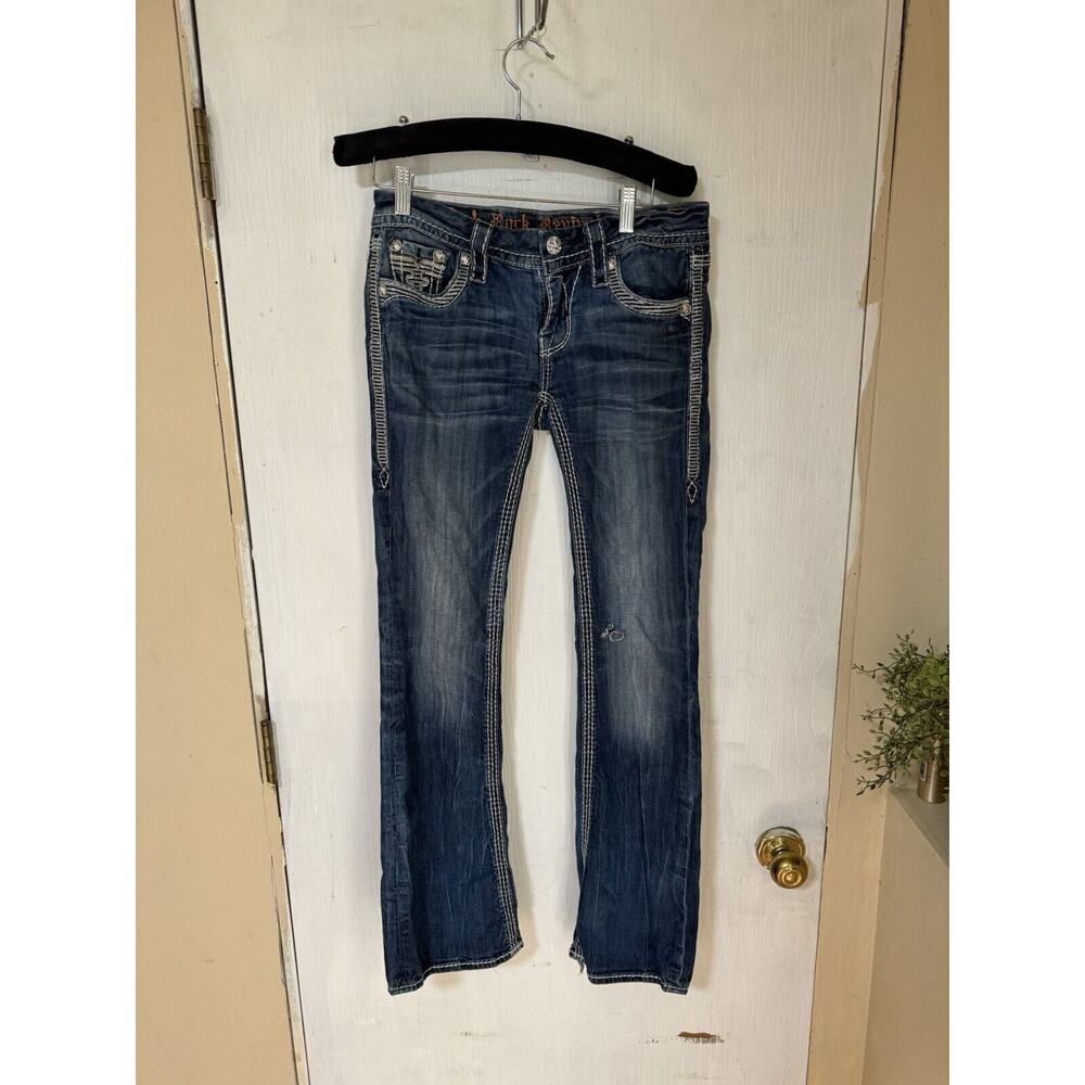 Rock Revival Kai Boot Cut Distressed Jeans Womens Sz 26 Embellished Flap Pocket